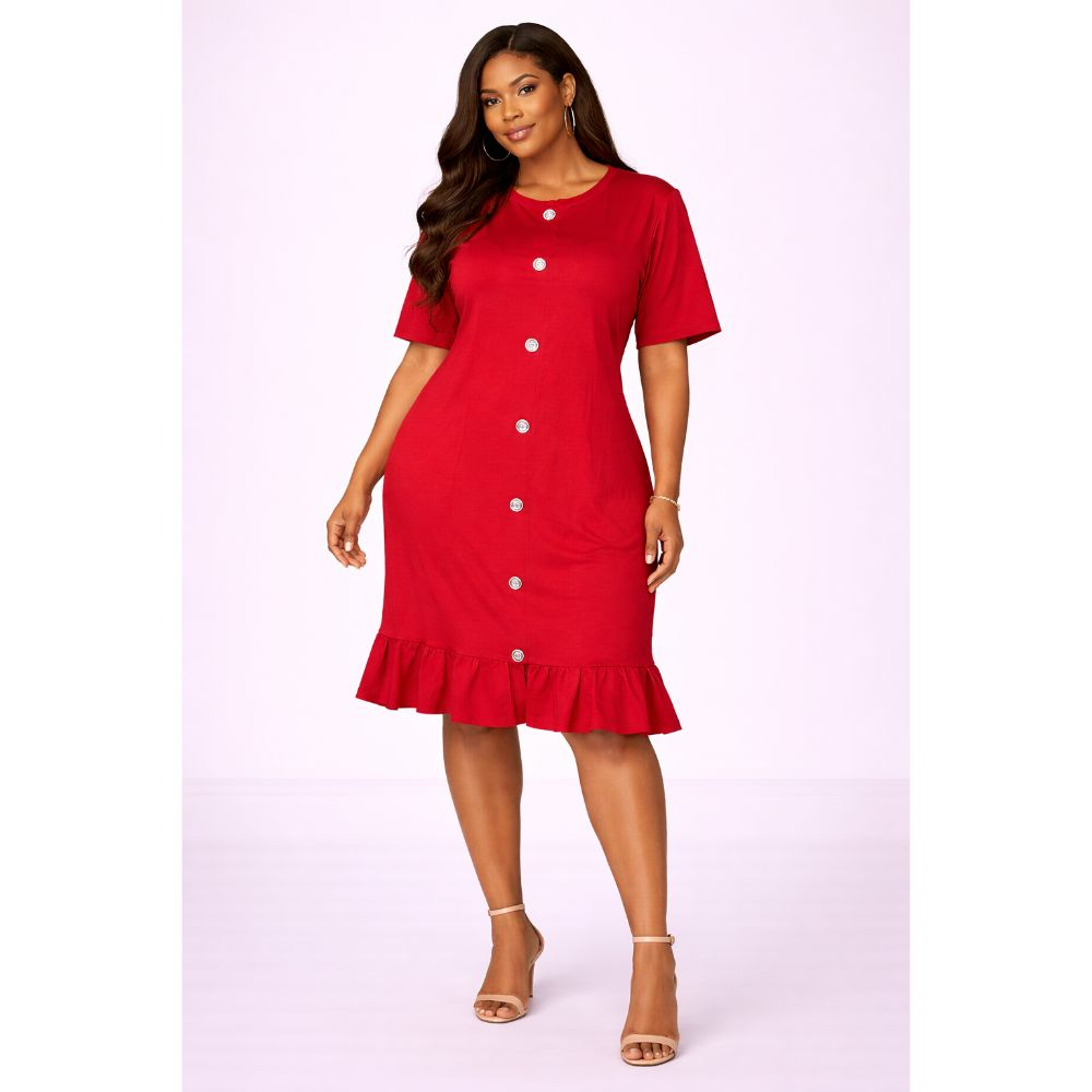 Red Button Detail Mini Dress with Ruffle Hem